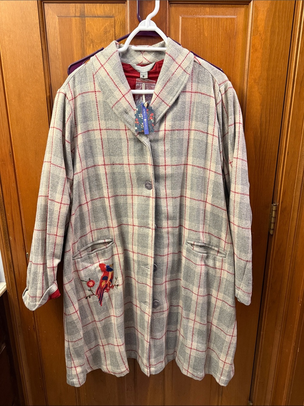 April Cornell Gray Plaid Trench Coat with Red Windowpane